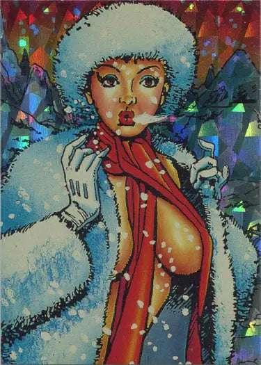 Colorful painting of a woman in winter attire for Sachs & Violens Prism Chase Card