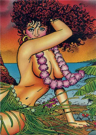 Stylized illustration of a nude woman with curly hair on a Sachs & Violens promo card
