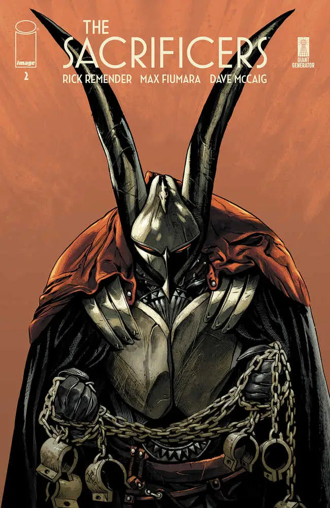 Dark armored figure with horned helmet on Sacrificers #2 Cover A Fiumara trading cards