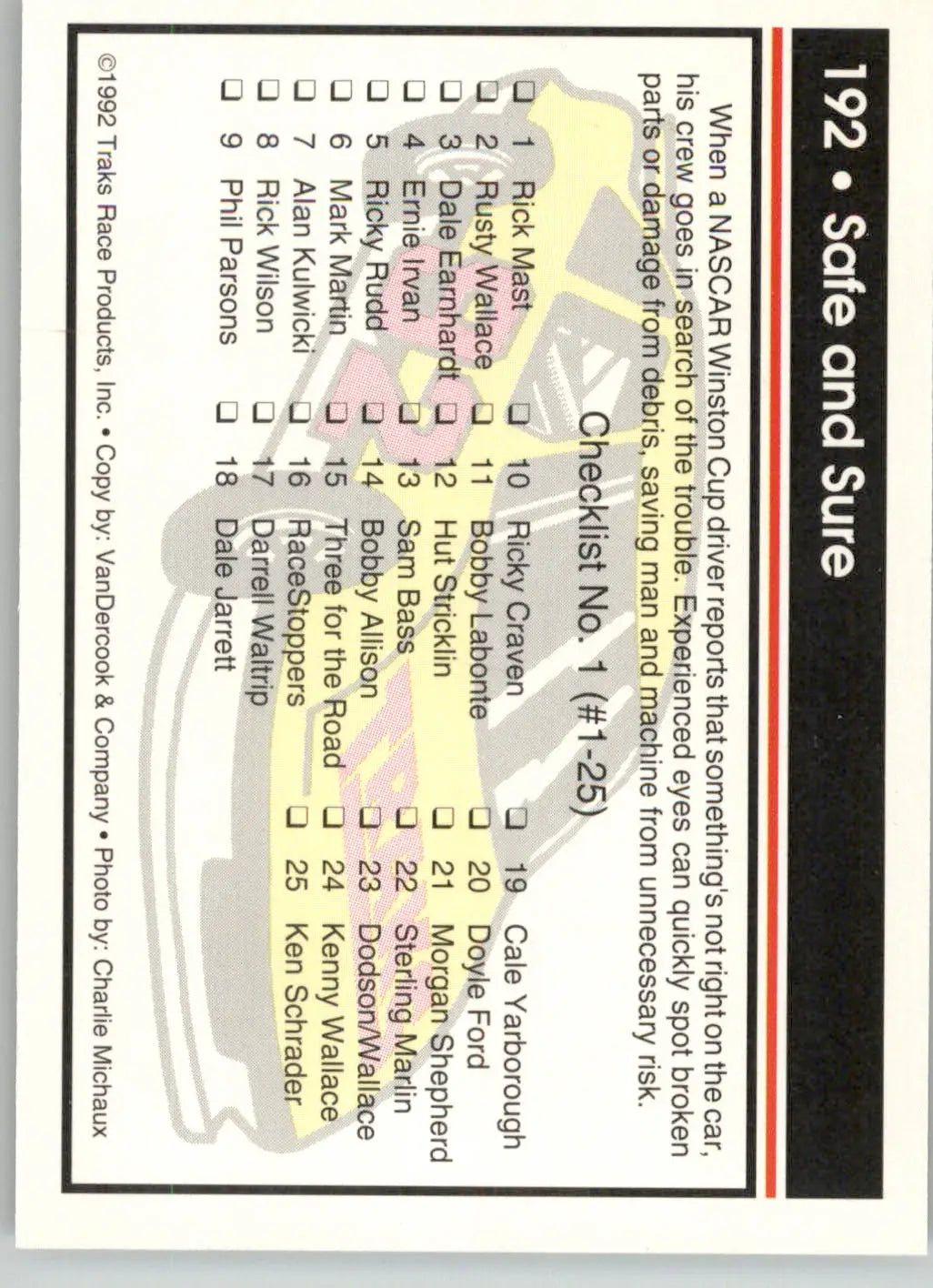 Safe and Sure - 1992 Traks - #192 - Racing - Racing Card Single