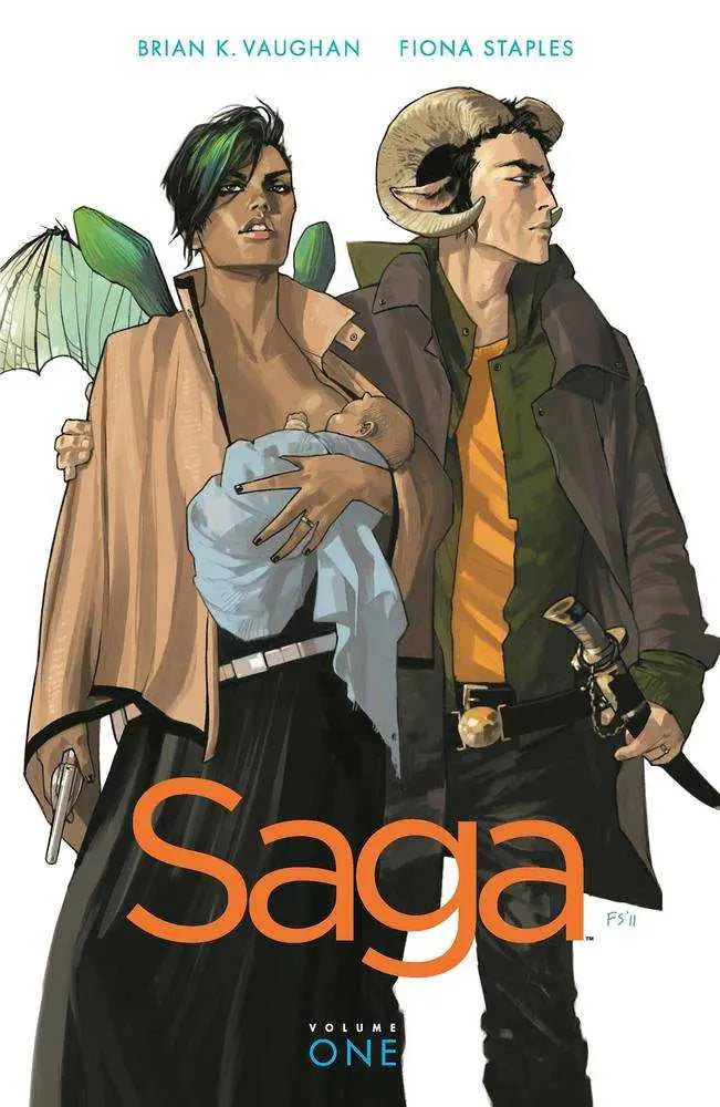 Comic book cover of Saga Volume One featuring characters and a baby, perfect for collectors