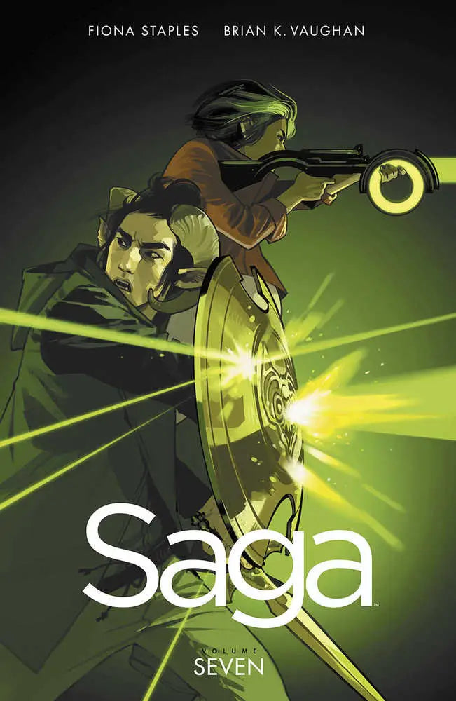 Comic book cover for Saga Volume Seven with dynamic combat and glowing energy effects