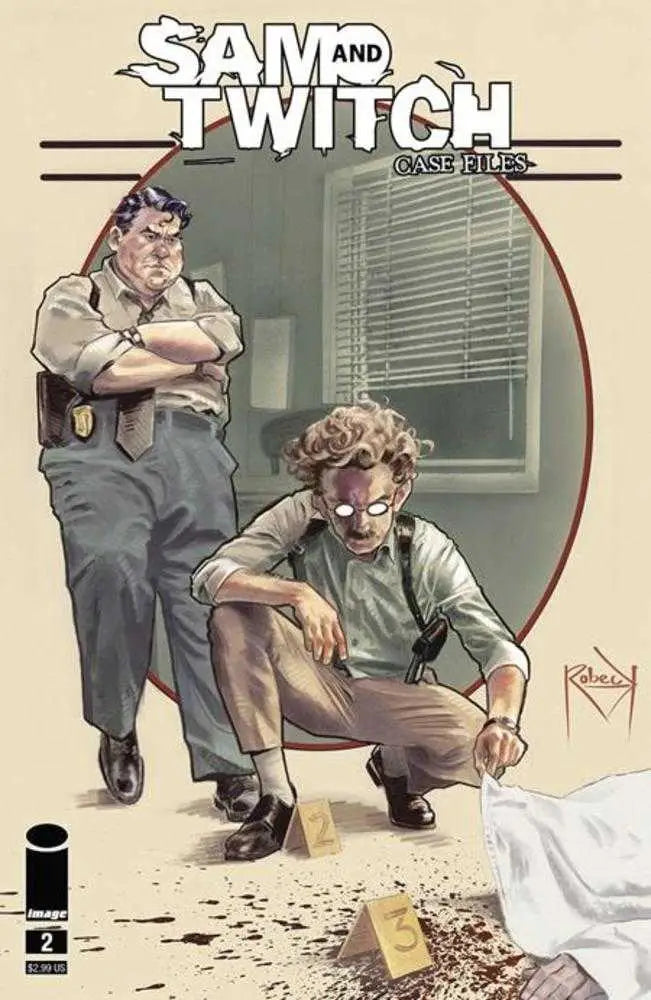 Comic book cover of Sam and Twitch depicting detectives at a crime scene with trading cards