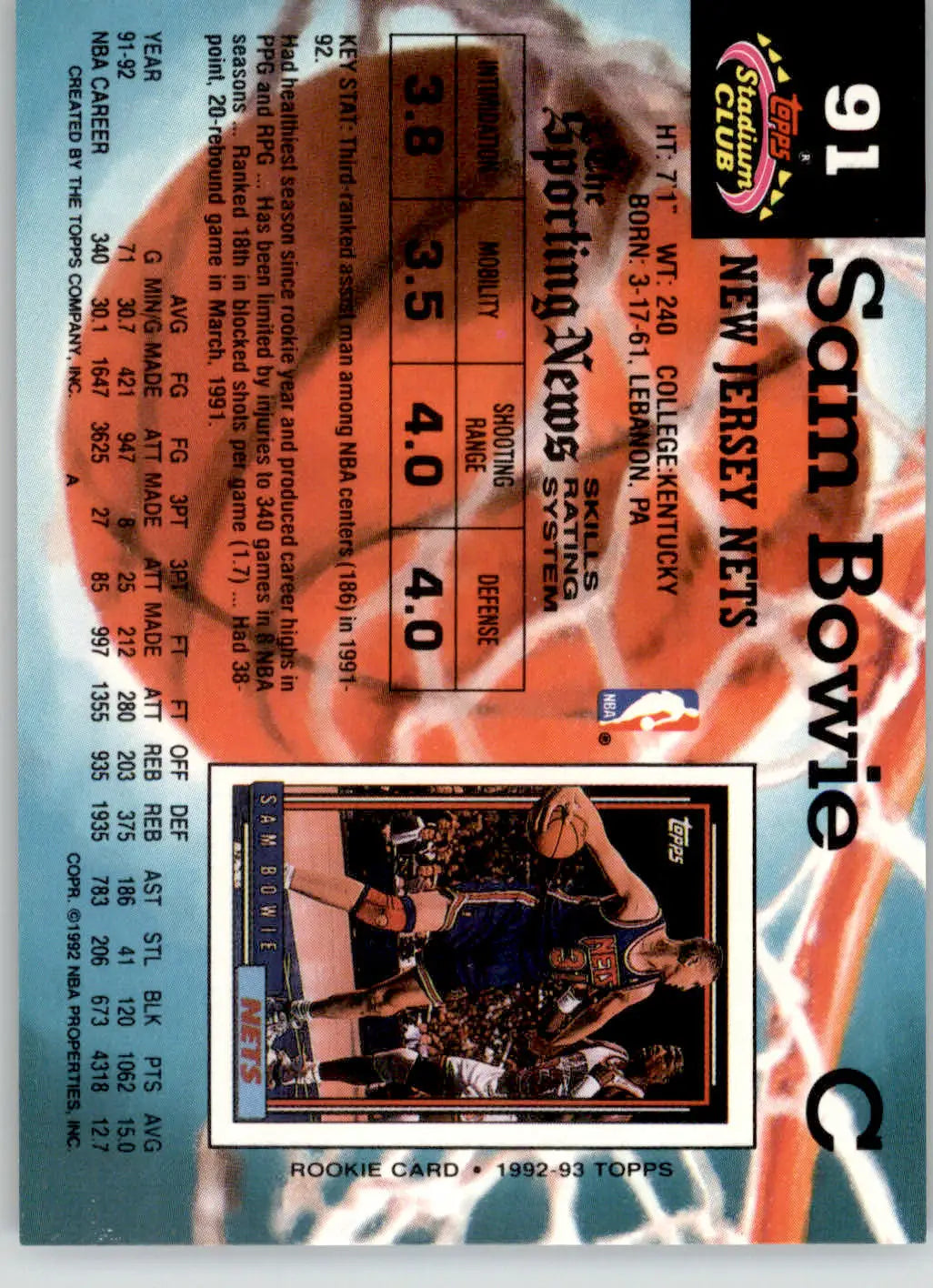 Sam Bowie - 1992-93 Stadium Club - #91 - Basketball - Basketball Card Single