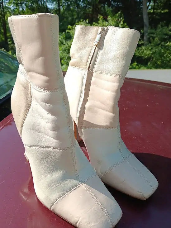 Sam Edelman Olina Boots Patchwork Design Cream and Tan Leather 7M Pre-Owned L@@K - Apparel