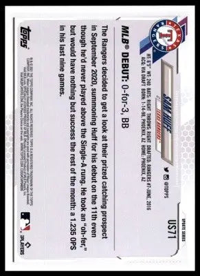 Sam Huff 2021 Topps Update #US71 Texas Rangers - Baseball Card Single