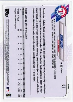 Sam Huff Rookie 2021 Topps Chrome #81 Texas Rangers - Baseball Card Single
