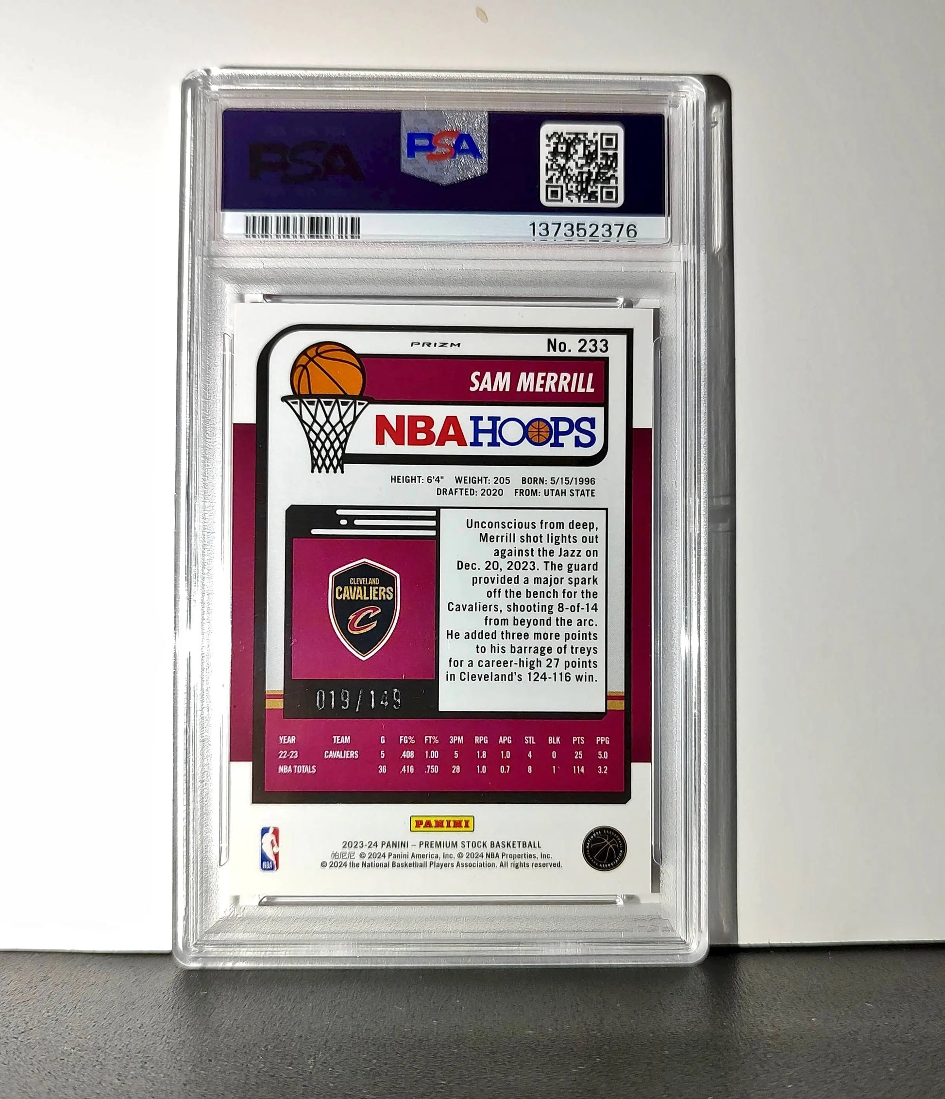 Sam Merrill 2023 Panini Hoops Premium #233 19/149 Red Disco Prizm PSA 9 Mint