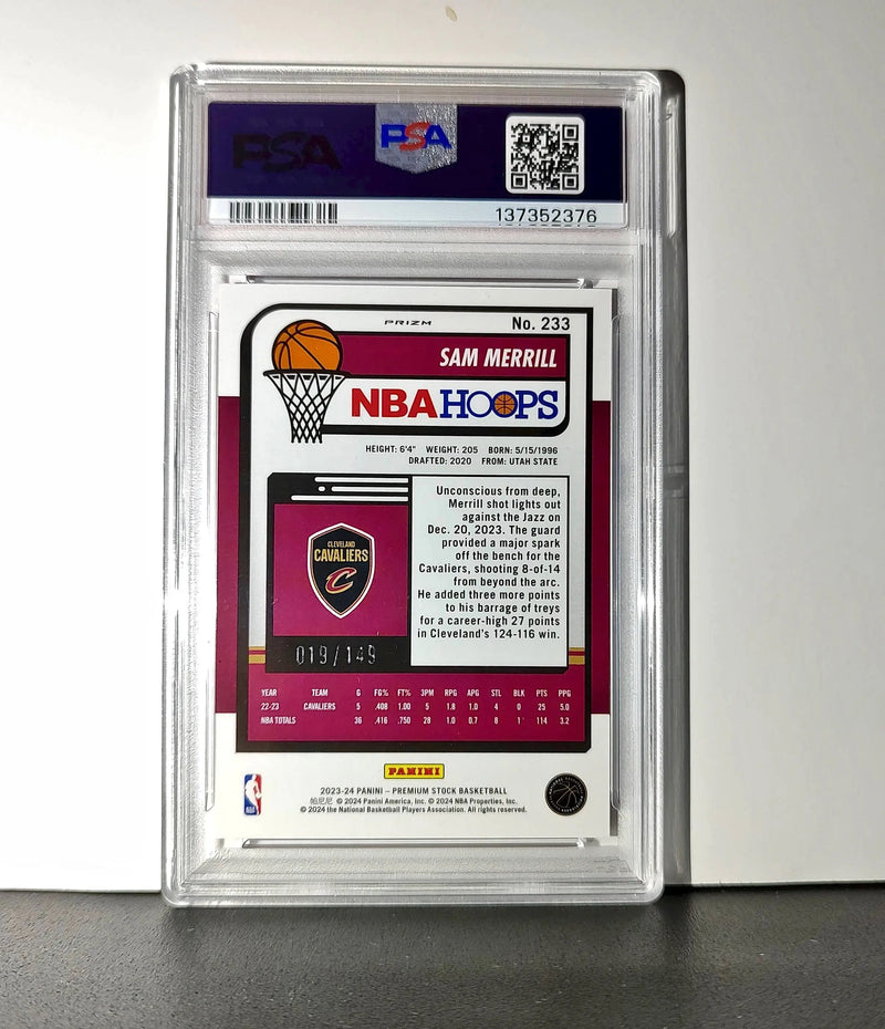 Sam Merrill 2023 Panini Hoops Premium #233 19/149 Red Disco Prizm PSA 9 Mint