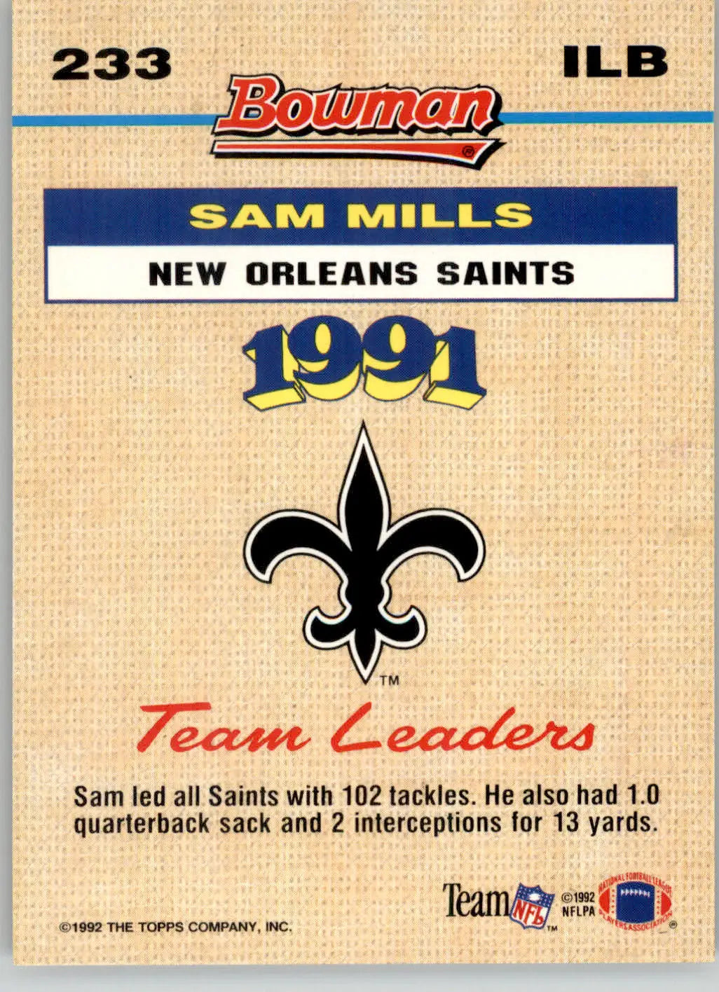 Sam Mills - 1992 Bowman - #233 - Football - Football Card Single
