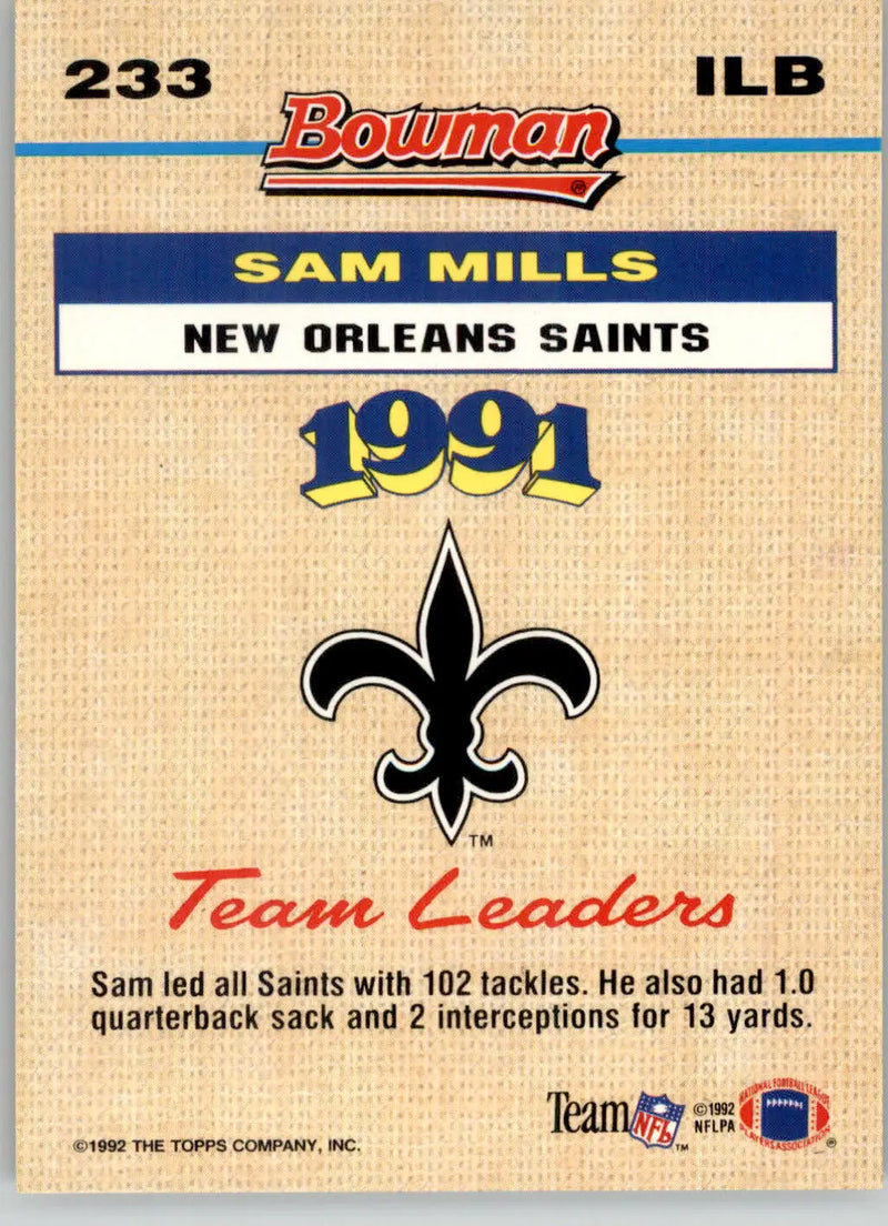 Sam Mills - 1992 Bowman - #233 - Football - Football Card Single