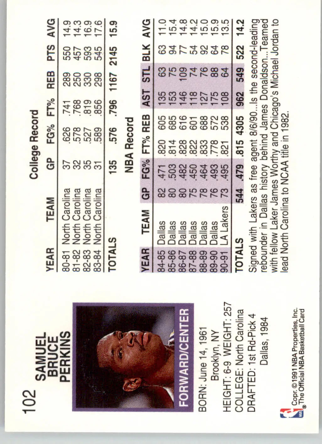 Sam Perkins - 1991-92 Hoops - #102 - Basketball - Basketball Card Single