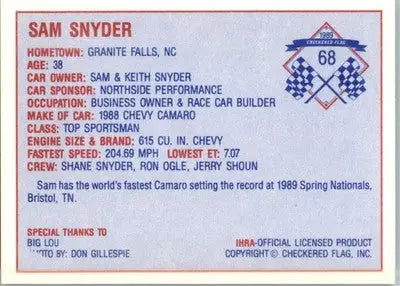 Sam Snyder - 1989 Checkered Flag IHRA - #68 - Racing - Racing Card Single