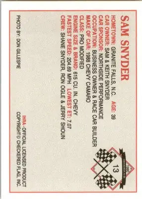 Sam Snyder - 1990 Checkered Flag IHRA - #13 - Racing - Racing Card Single