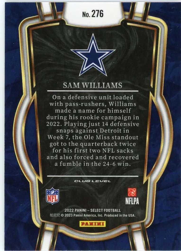 Sam Williams Rookie 2022 Panini Select Club #276 Dallas Cowboys Football Card - Football Card Single