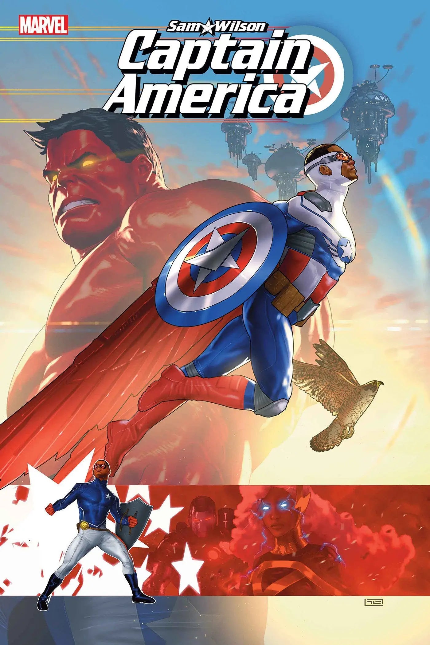 Comic book cover of Sam Wilson as Captain America with shield in action pose