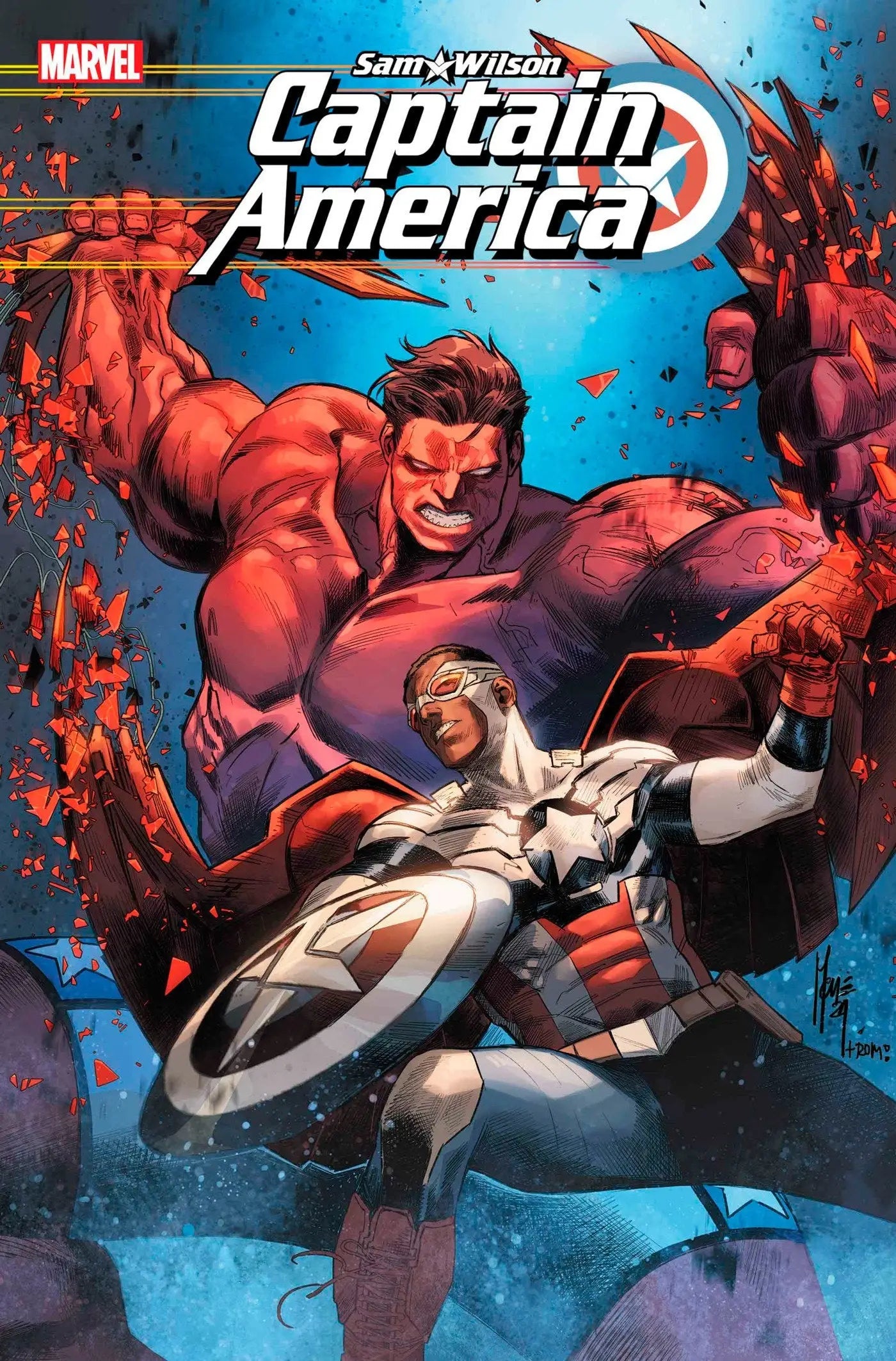 Sam Wilson Captain America #1 cover art with a hero in blue and white battling a red foe