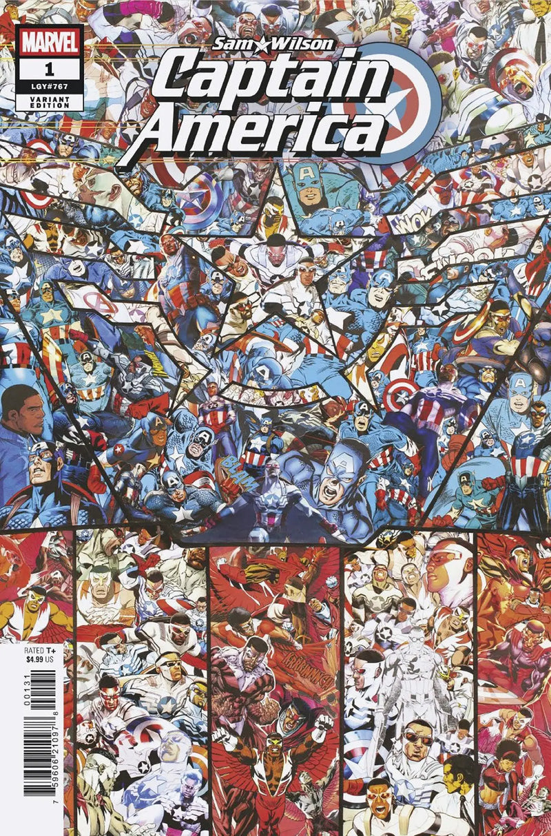 Comic book cover art for Sam Wilson, Captain America #1 with action-packed scenes