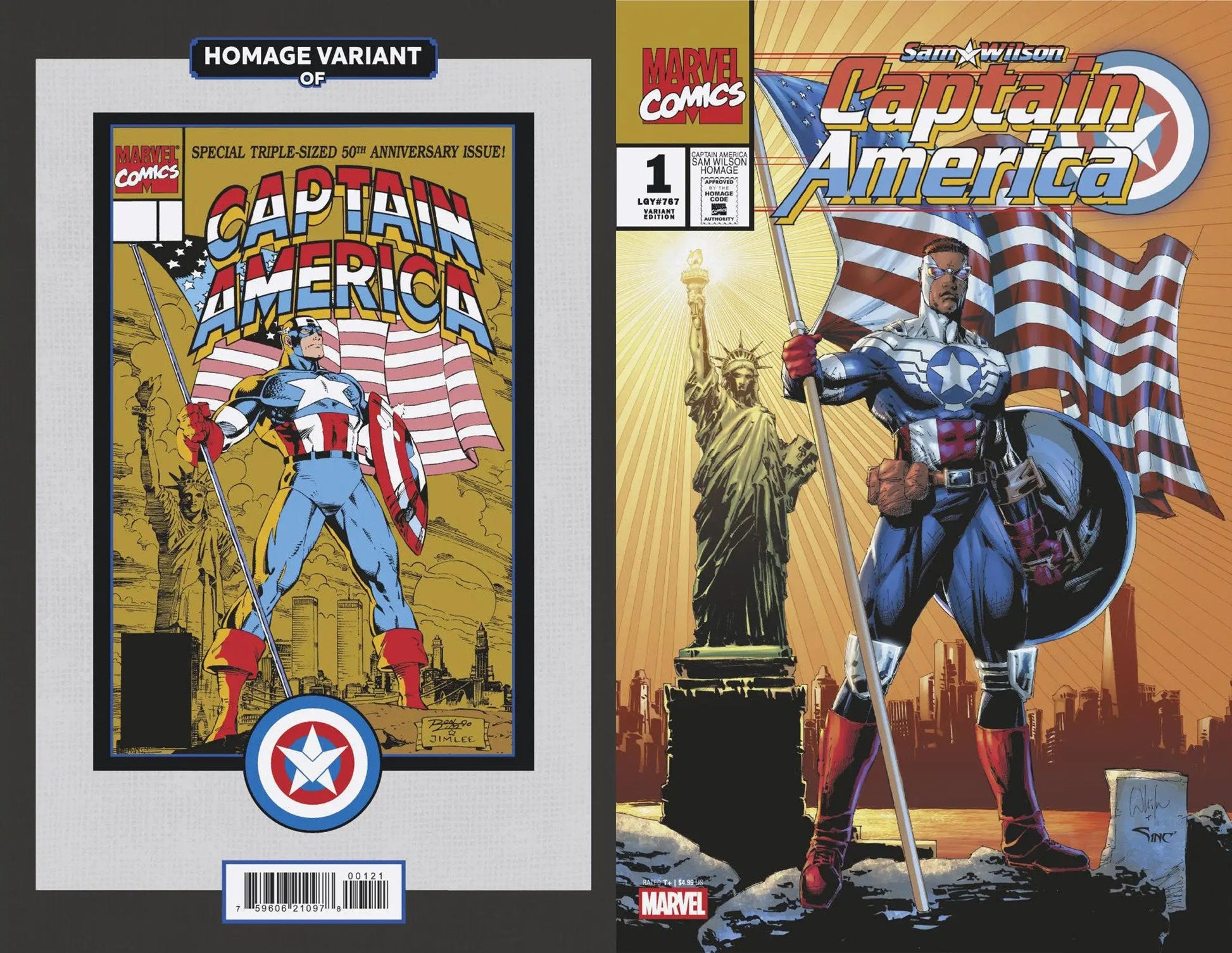 Two Captain America comic covers showcasing Sam Wilson with the American flag and Statue of Liberty