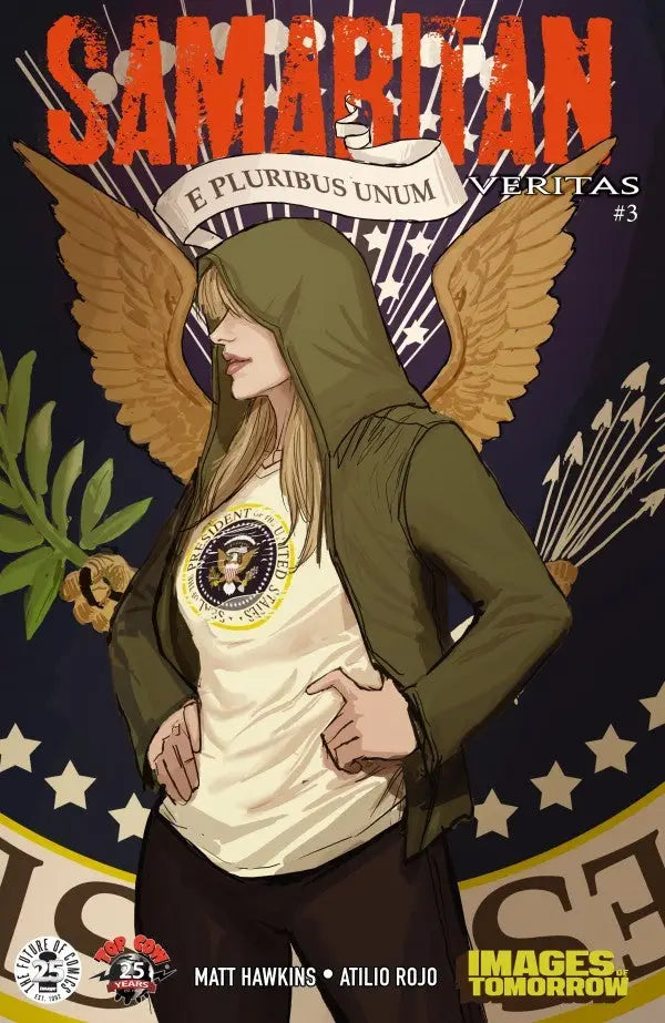 Comic book cover featuring a woman in a hooded jacket and Presidential Seal T-shirt