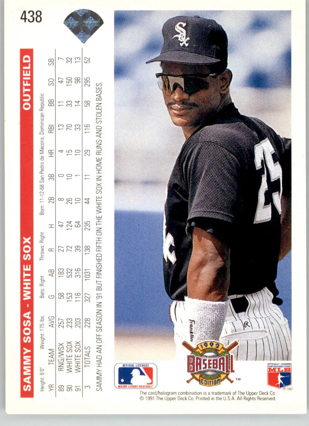 Sammy Sosa - 1992 Upper Deck - #438 - Baseball