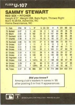 Sammy Stewart - 1986 Fleer Update - #U-107 - Baseball - Baseball Card Single