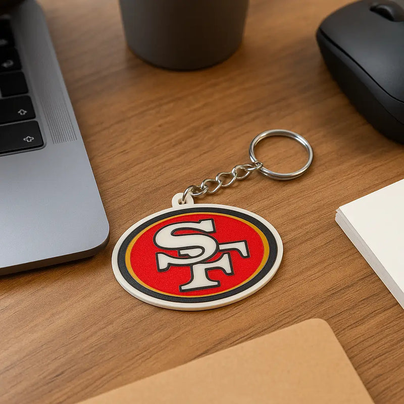Red and white san francisco 49ers oval logo keychain, perfect fan gift or stocking stuffer
