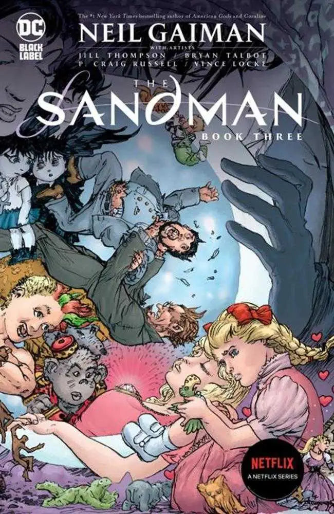Comic book cover of The Sandman Book featuring fantastical characters in a dreamlike scene
