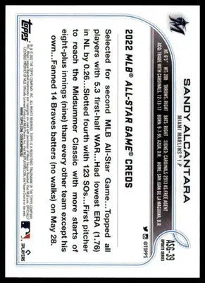 Sandy Alcantara 2022 Topps Update 2022 MLB All-Star Game #ASG-39 Miami Marlins - Baseball Card Single
