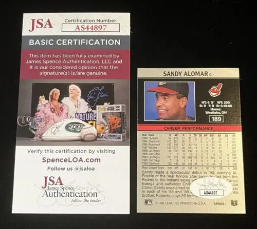Sandy Alomar Cleveland Indians trading card with JSA authentication for collectors