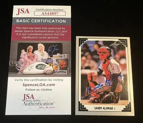 Sandy Alomar Jr autographed trading card from 1991 Leaf for Cleveland Indians JSA certified