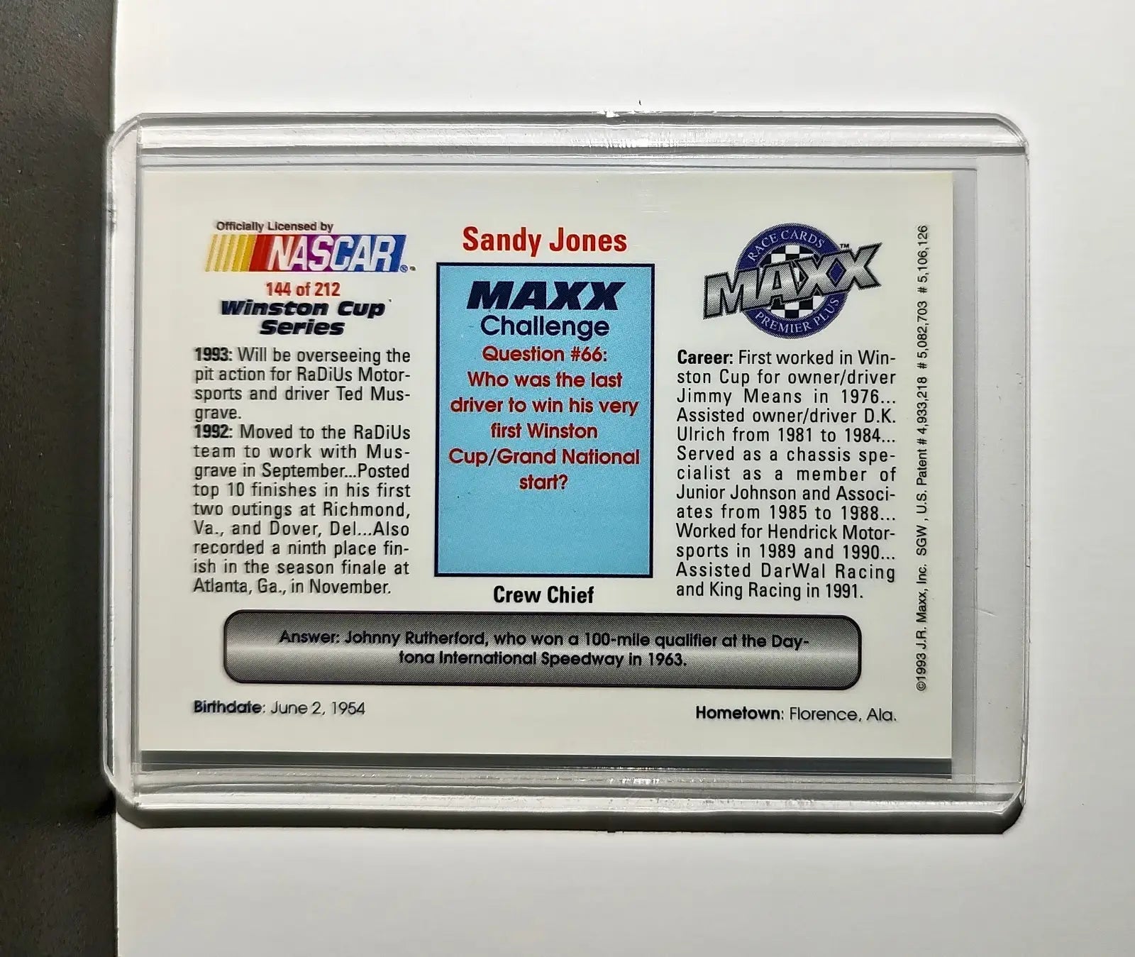 Sandy Jones 1993 Maxx Premier Plus Racing #144 NASCAR Card RaDiUs Motorsports - Racing Card Single