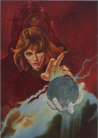 Woman with intense gaze holding glowing blue orb in Metallic Storm Chase Card MS3 Insight