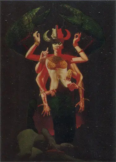 Surreal multi-armed red figure with skeletal body in Sanjulian Collection Metallic Storm Chase