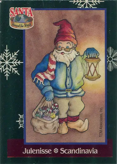 Colorful illustration of Santa Claus with a lantern and sack on a foil chase card