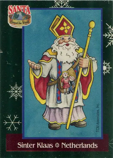 Cartoon Sinterklaas in bishop attire on Santa From Around the World Foil Chase Card