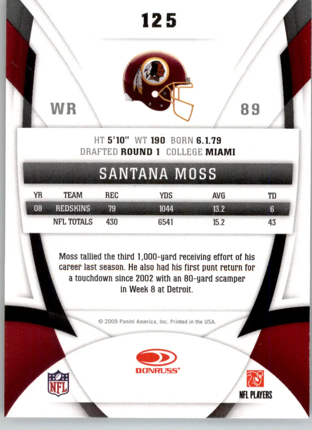 Santana Moss - 2009 Donruss Certified - #125 - Football - Football Card Single