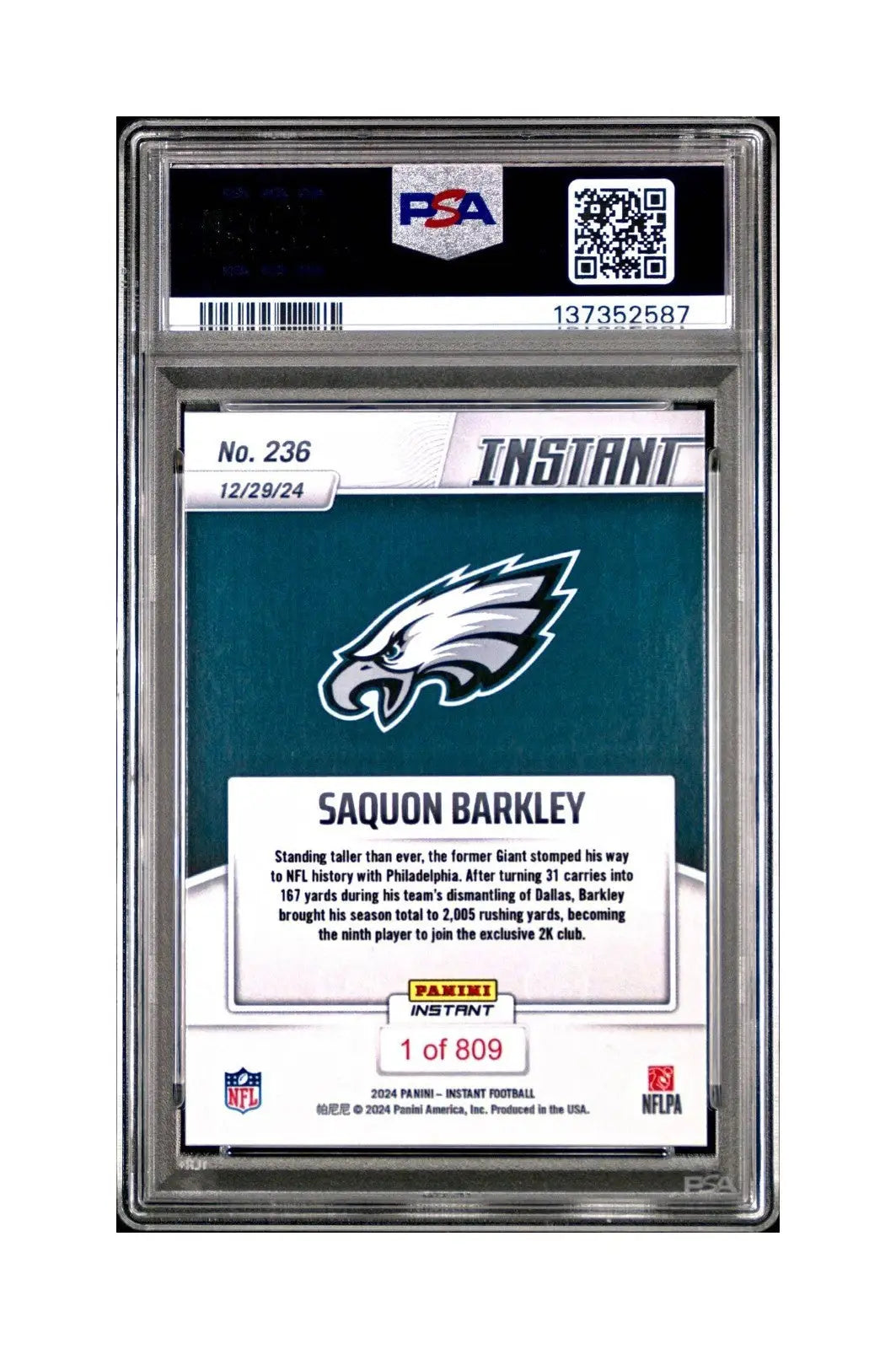 Saquon Barkley 2024 Panini Milestone NFL #236 Eagles 1 of 809 PSA 10 Gem Mint