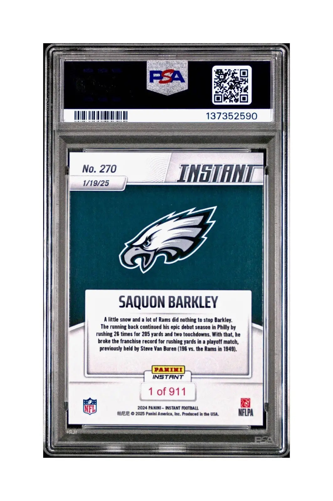 Saquon Barkley 2024 Panini Record Breaker NFL #270 Philadelphia Eagles PSA 10 - Football Card Single