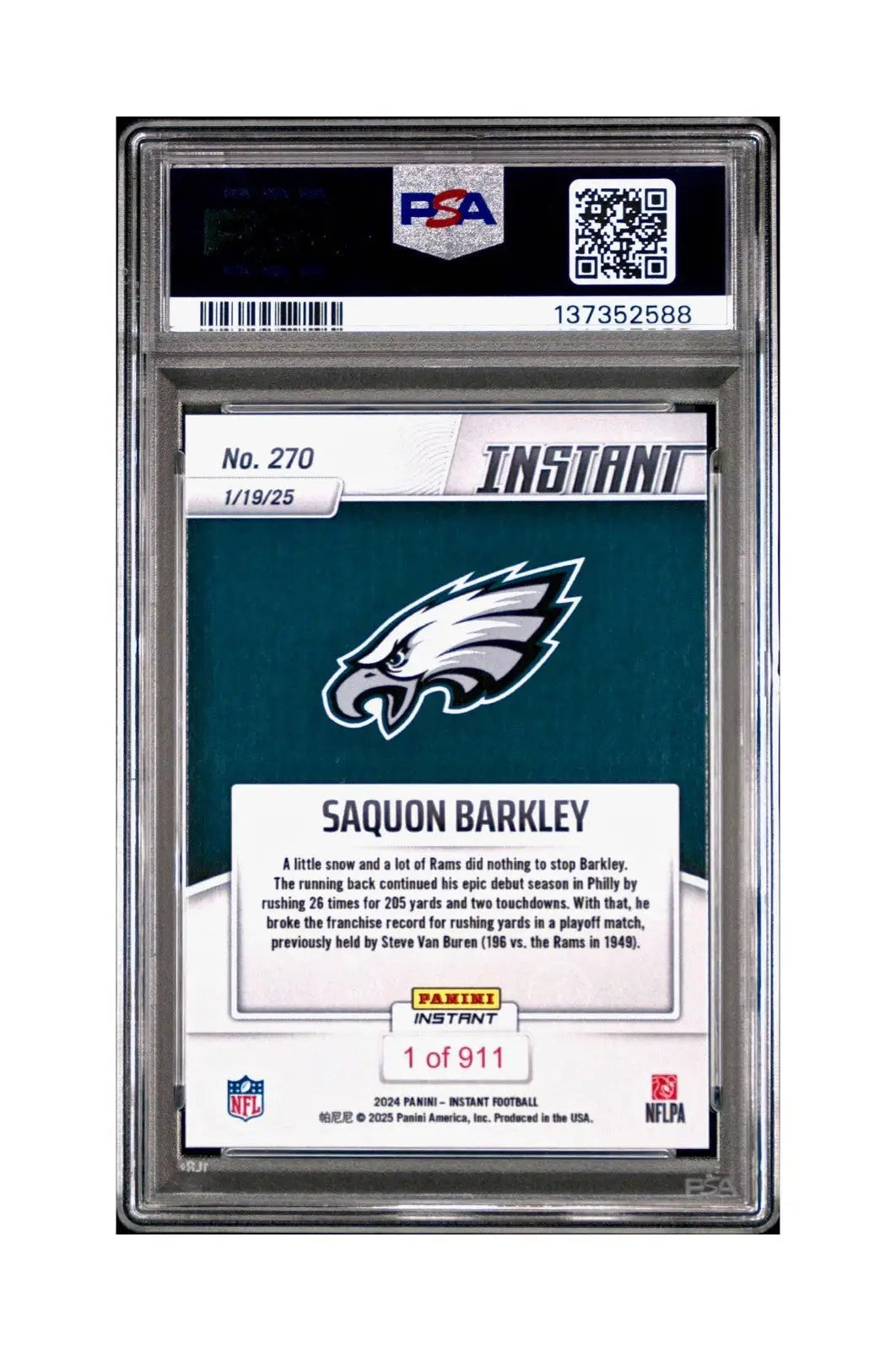 Saquon Barkley 2024 Panini Record Breaker NFL #270 Philadelphia Eagles PSA 10 - Football Card Single