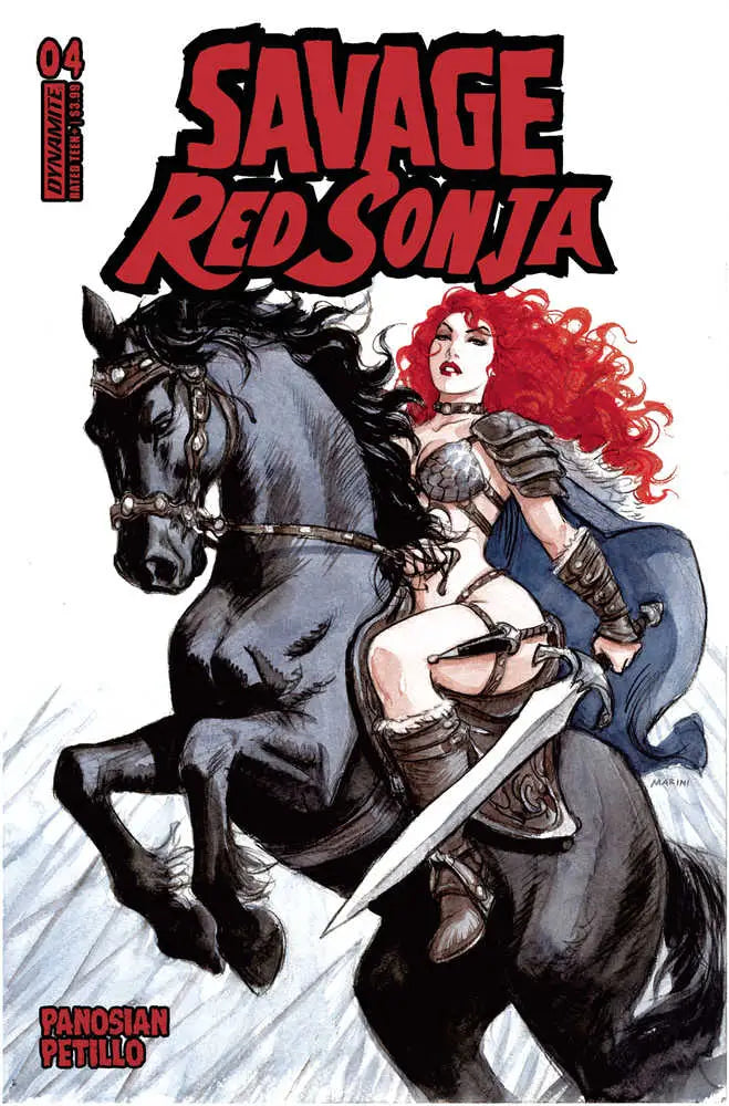 Comic book cover of Savage Red Sonja, a warrior woman on a black horse with a sword