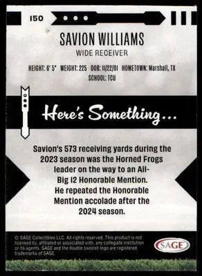 Savion Williams 2025 SAGE HIT Purple #150 TCU Horned Frogs - Football Card Single