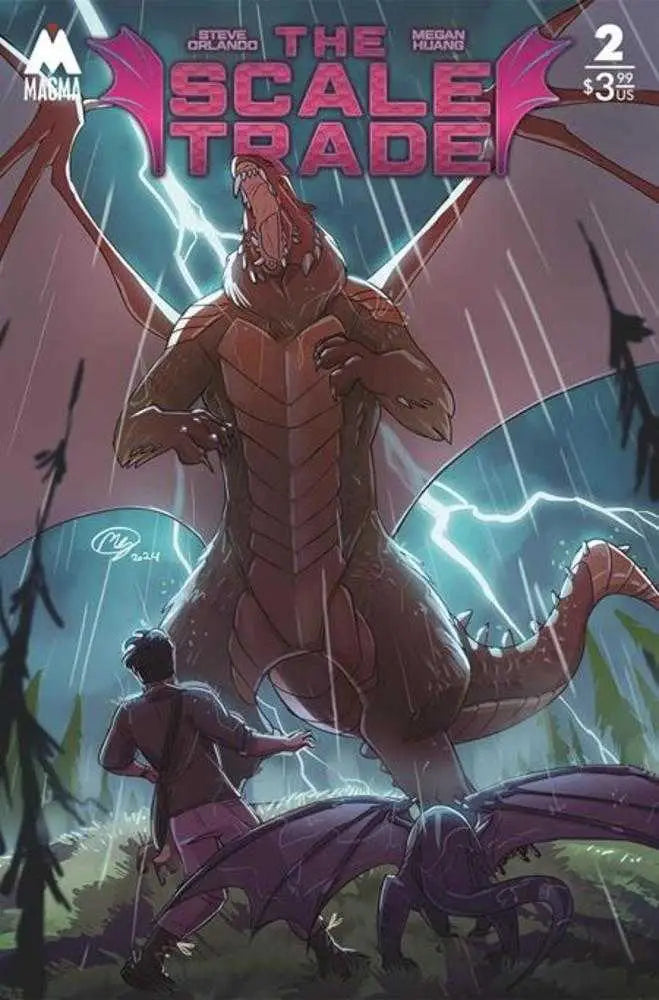 Menacing reptilian creature among lightning bolts on Scale Trade #2 by Megan Huang