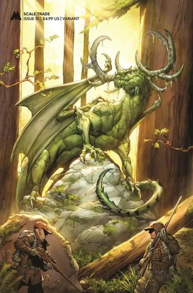 Green dragon with horns and wings on mossy rock from Scale Trade Max Dunbar Trading Cards