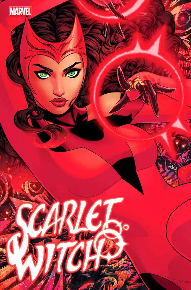 Comic book cover of Scarlet Witch #1 in red tones with mystical energy effects