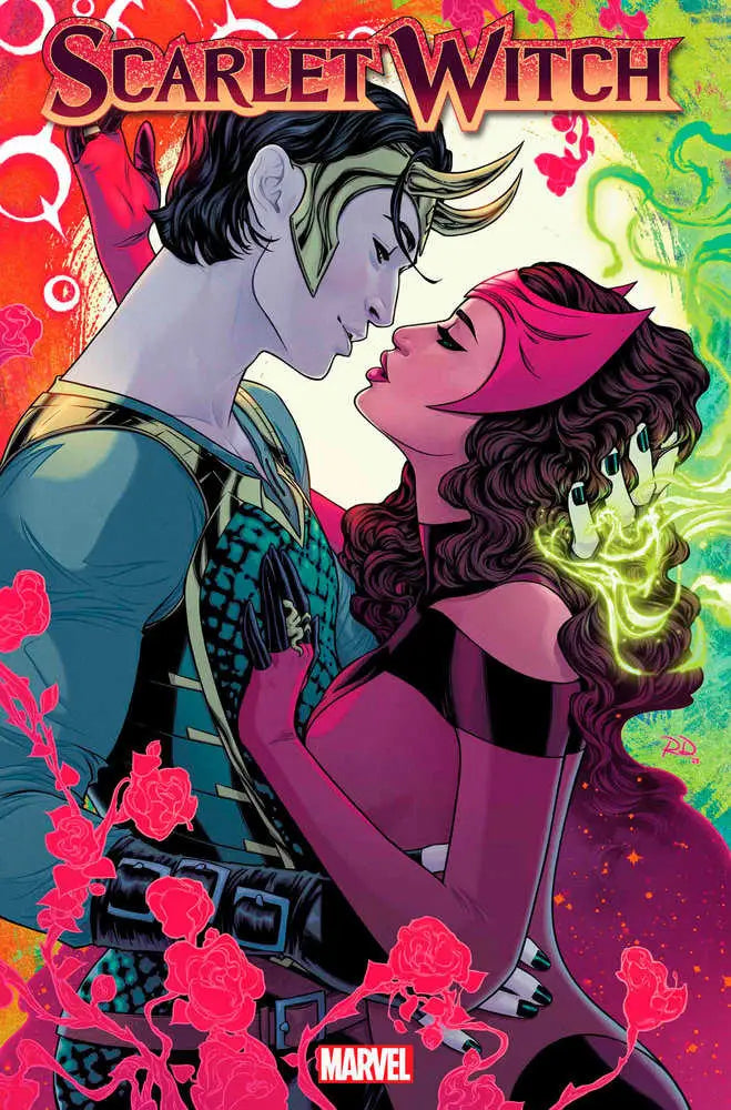 Scarlet Witch trading card cover artwork with characters in romantic embrace