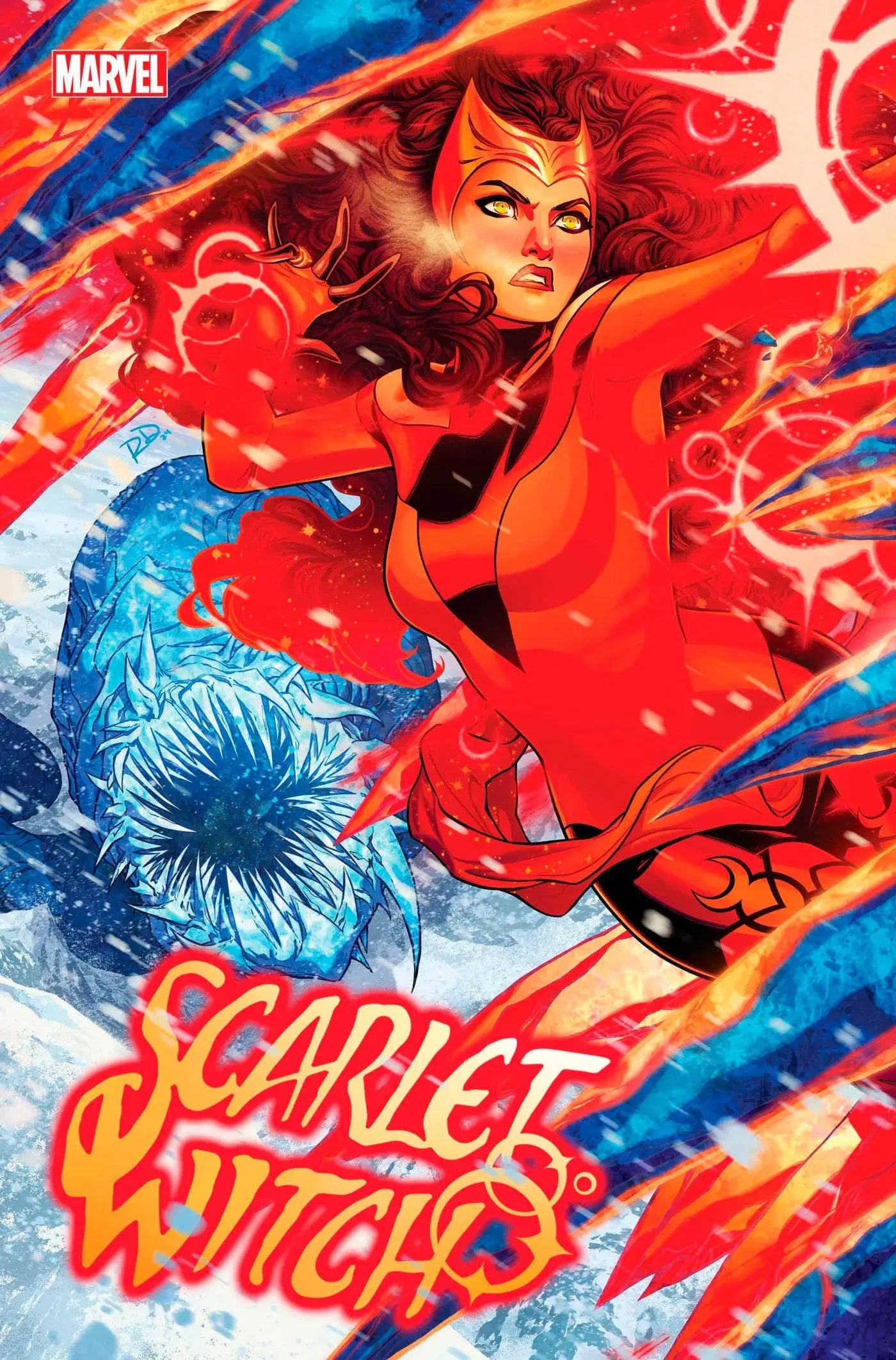 Comic book cover of Scarlet Witch #8 with a powerful figure and magical energies