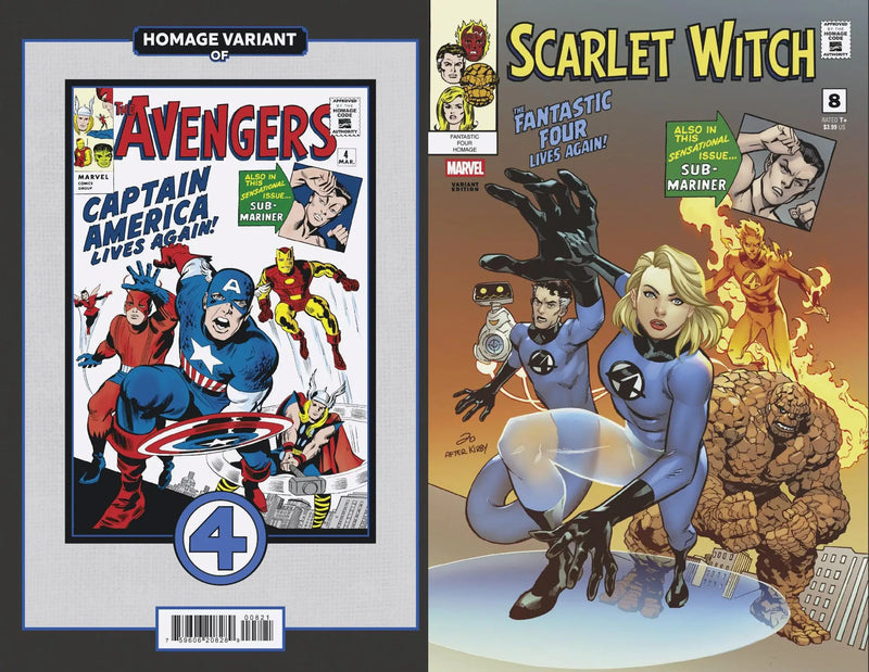 Two Marvel comic book covers featuring The Avengers and Scarlet Witch for trading cards