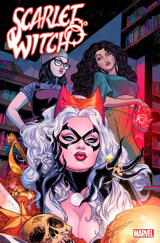 Comic book cover of Scarlet Witch #9 featuring Black Cat Strikes and Ambitious Apprentice Amaranth