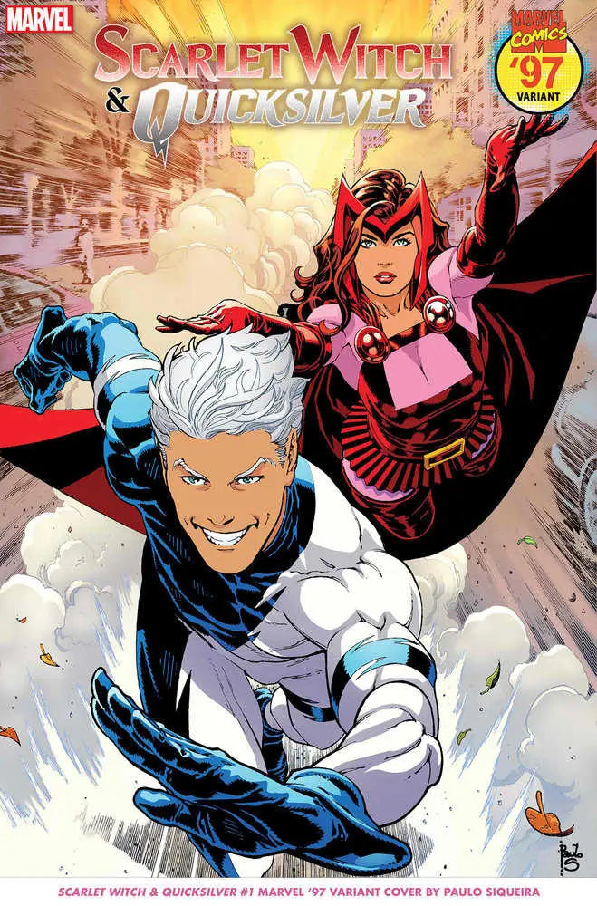 Comic book cover of Scarlet Witch and Quicksilver in action, Marvel 97 Variant